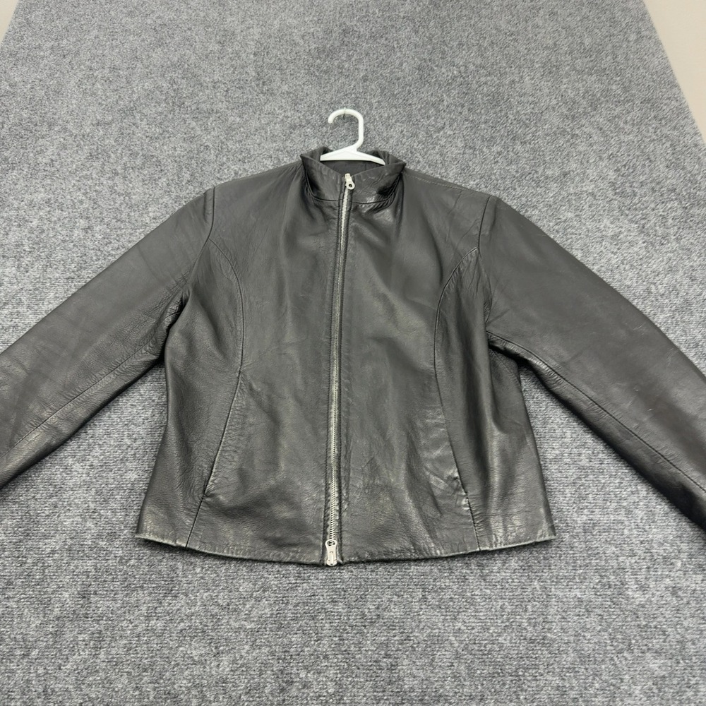 Vintage Vera Pelle Jacket Womens L Black Leather Mock Neck Moto Streetwear Style